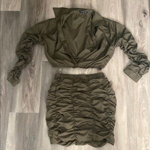 Olive Green Ruched Skirt Set